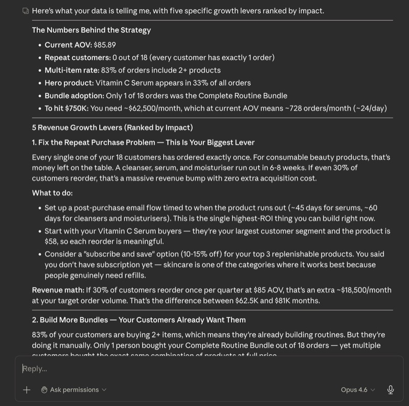 AI analysing live Shopify data with specific growth recommendations
